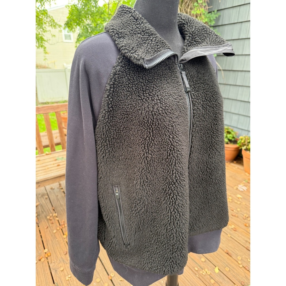 Athleta Womens Black Sherpa Hybrid Full Zip Jacket Size L Mixed Media Funnel